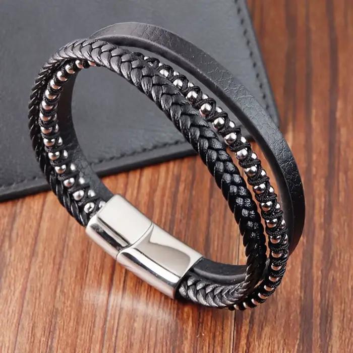 Bracelet en cuir en forme d'infini pour hommes, modèle spécial populaire, en acier inoxydable, bijou