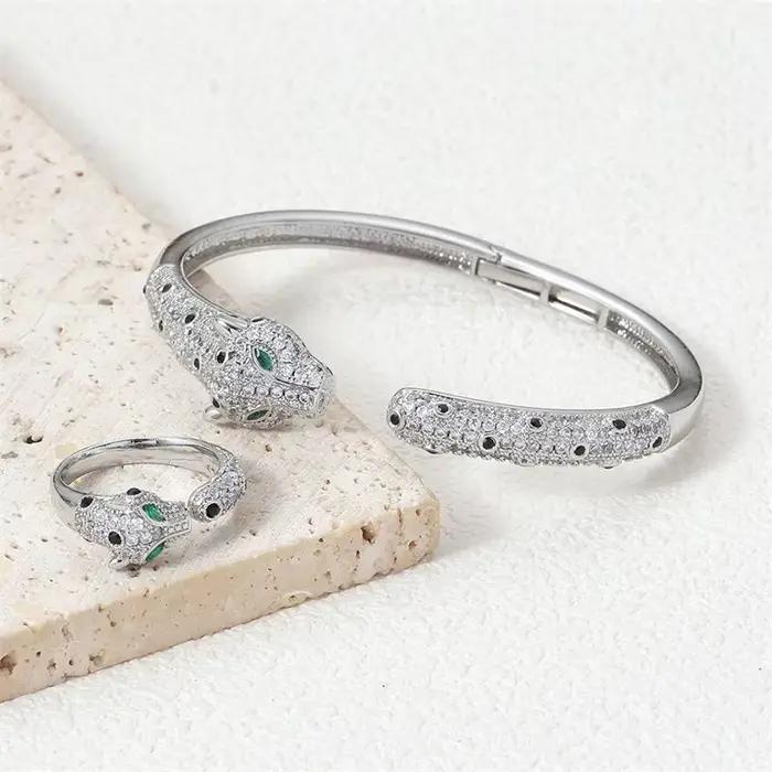 Ensemble de bagues et Bracelet léopard de luxe, pavé de Zircons 5A, panthère en cristal, ouvert, à l