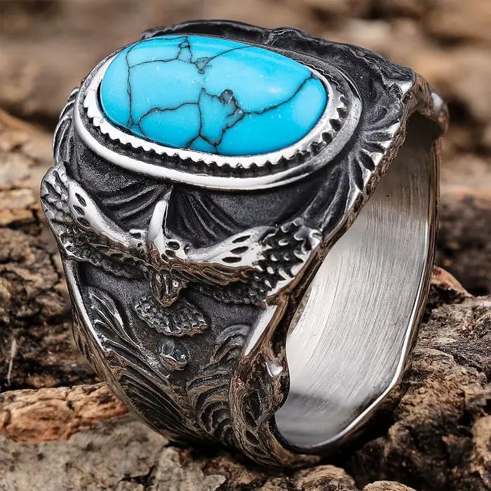 Bague en acier inoxydable avec pierres précieuses, turquoise tendance, pour homme, style punk, cadea