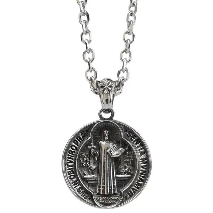 Collier Religieux Vintage en Titane et Acier, Bijou avec Croix et Texte de Prière, Saint Benoît, Pmo