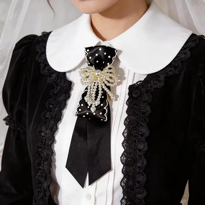 Nouvelle Élégante Nœud Papillon Noir Orné de Perles pour Femme, en Tissu Couleur Unie, Accessoire de