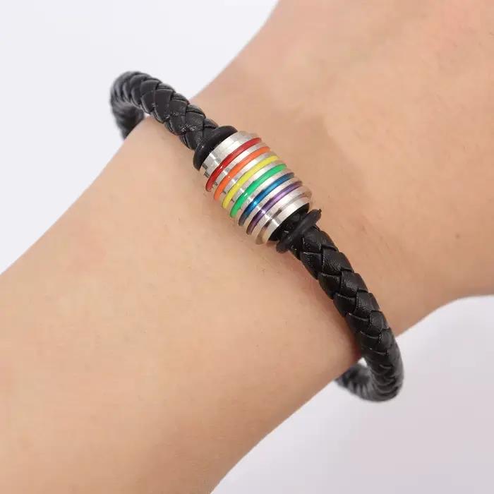 Bracelet tendance en cuir tressé avec perles arc-en-ciel, bracelet charmant pour homme, boucle magné