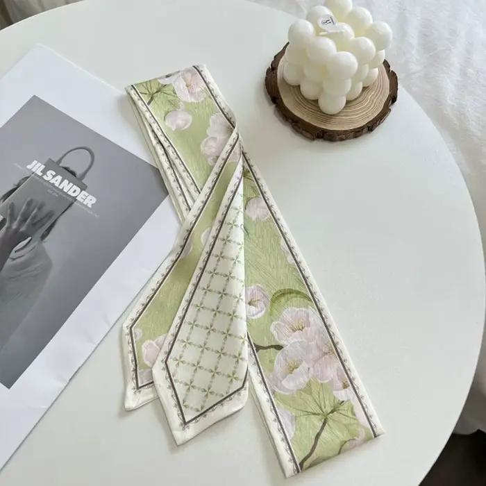 Foulard en ruban de soie satiné polyvalent, tendance, Long, fin, frais, Floral, cravate pour cheveux