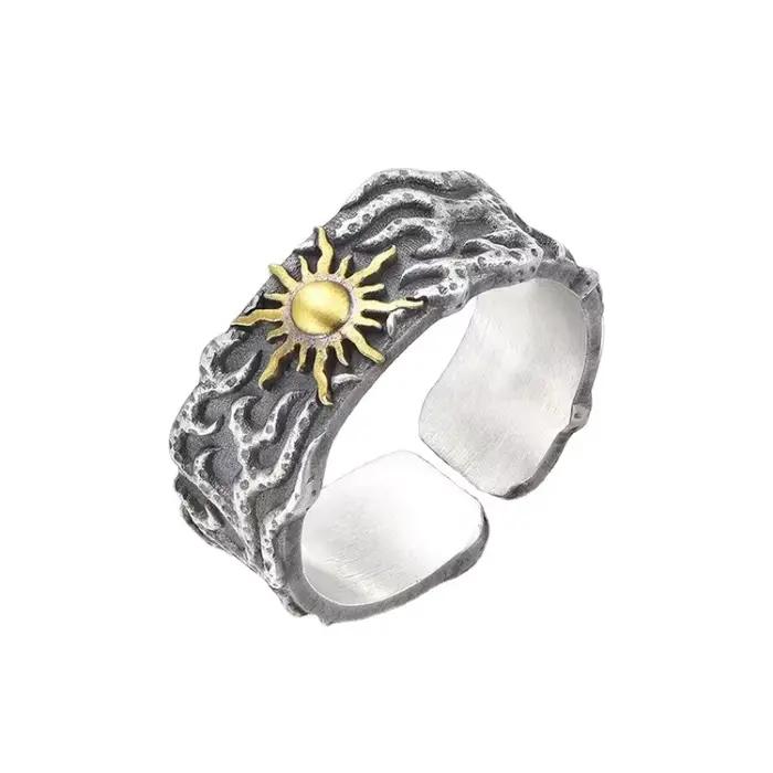 Bague de soleil dorée rétro pour hommes, couleur argent, Punk gothique, tendance, ouverte, bijoux de