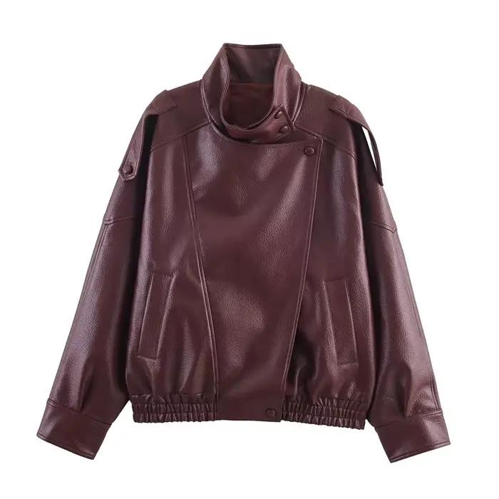 Veste Femme Automne 2026 Nouvelle Collection Noire à Manches Longues en Similicuir Grainé Style Mota