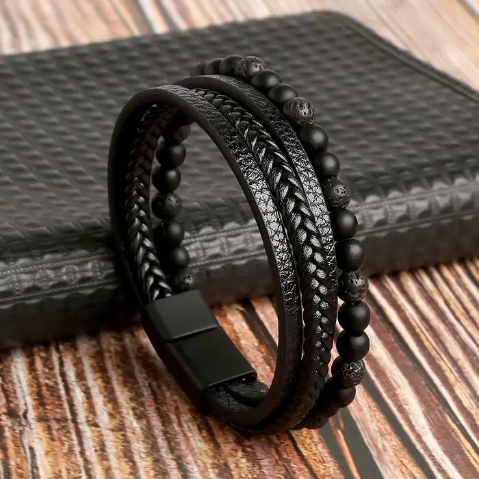 Wannee hommes Bracelet en cuir classique mode oeil de tigre perlé multicouche Bracelet en cuir pour 