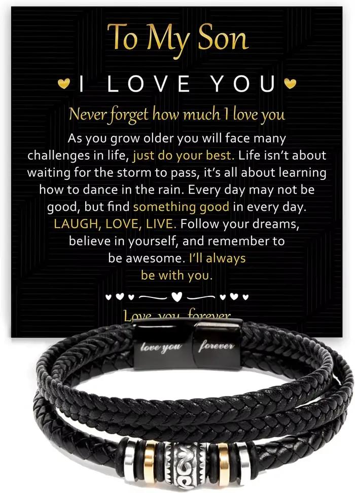 Bracelet à mon fils Bracelet en cuir tressé du père et de la mère Message en forme de cœur Love You 