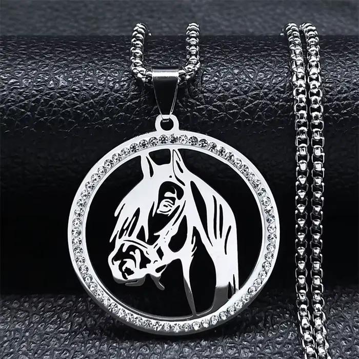 Collier pendentif tête de cheval pour hommes et femmes, en acier inoxydable, chaîne animale en crist
