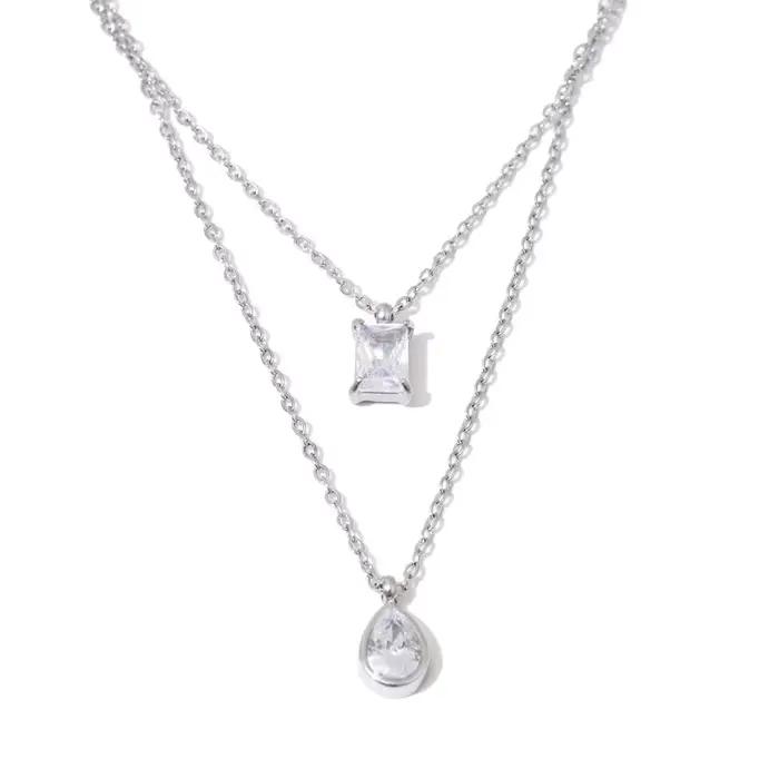 NiNice – collier en acier inoxydable, Double couche, empilé avec pendentif goutte d'eau en zircone c