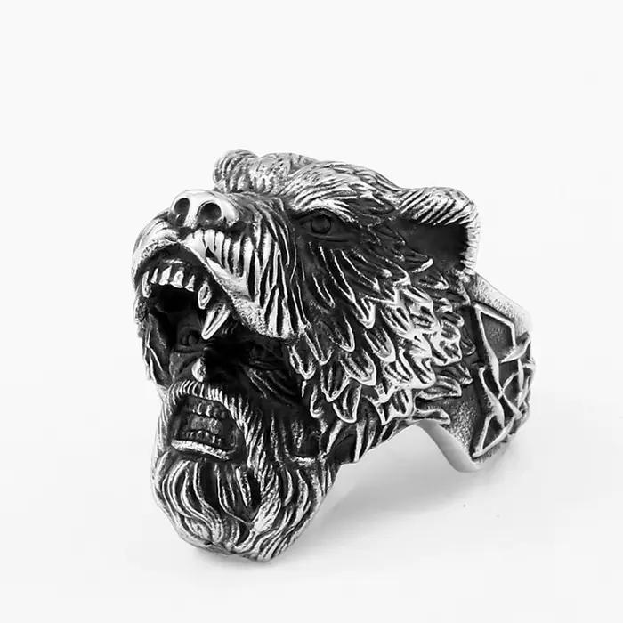 Bagues Viking rétro ours Kokor pour hommes, bijoux de motard punk, acier inoxydable, document argent
