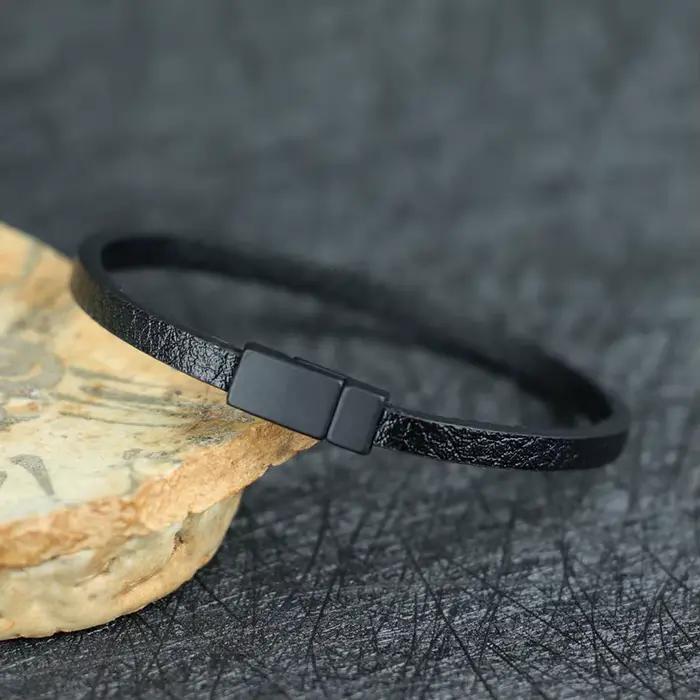 Bracelet en cuir PU pour hommes, loisirs Grade A, fermoir magnétique noir, chaîne tissée à la main, 