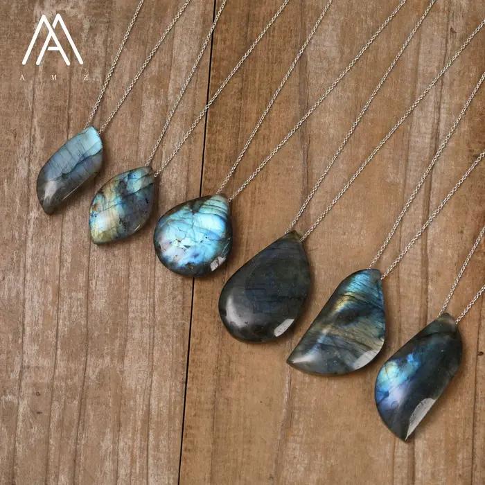 Collier pendentif en labradorite naturelle, chaîne en acier inoxydable, pierres précieuses irréguliè