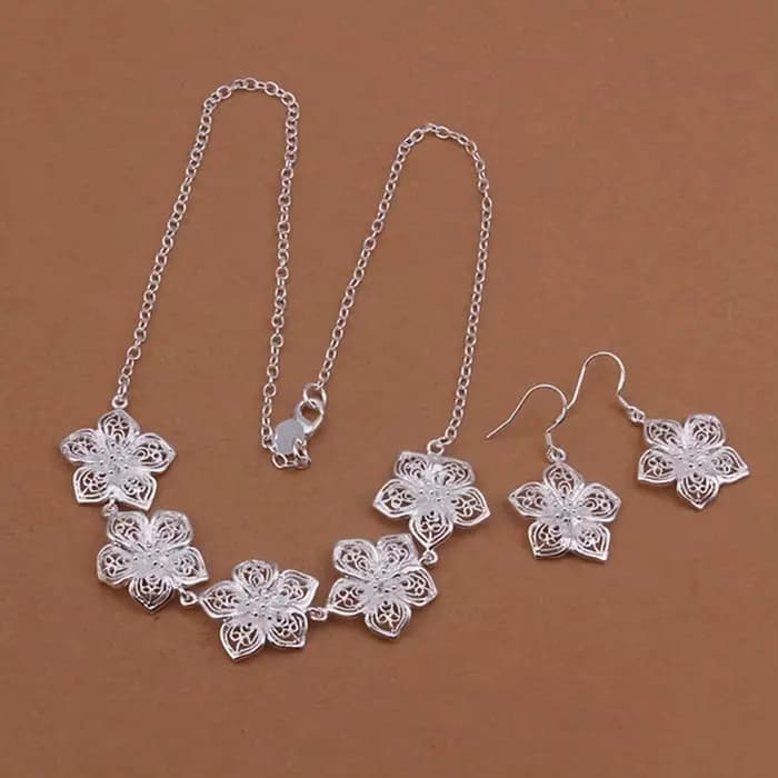 Bijoux de mariage couleur argent, breloque, pendentif fleur creuse, collier, boucles d'oreilles, mod