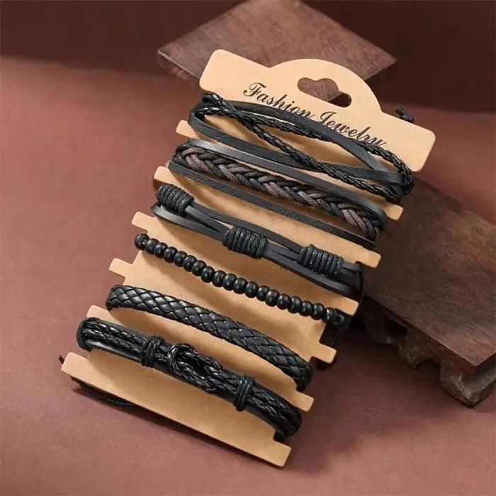 Bracelet torsadé minimaliste en cuir PU pour hommes, 6 pièces, Style Punk Street, noir, fait à la ma