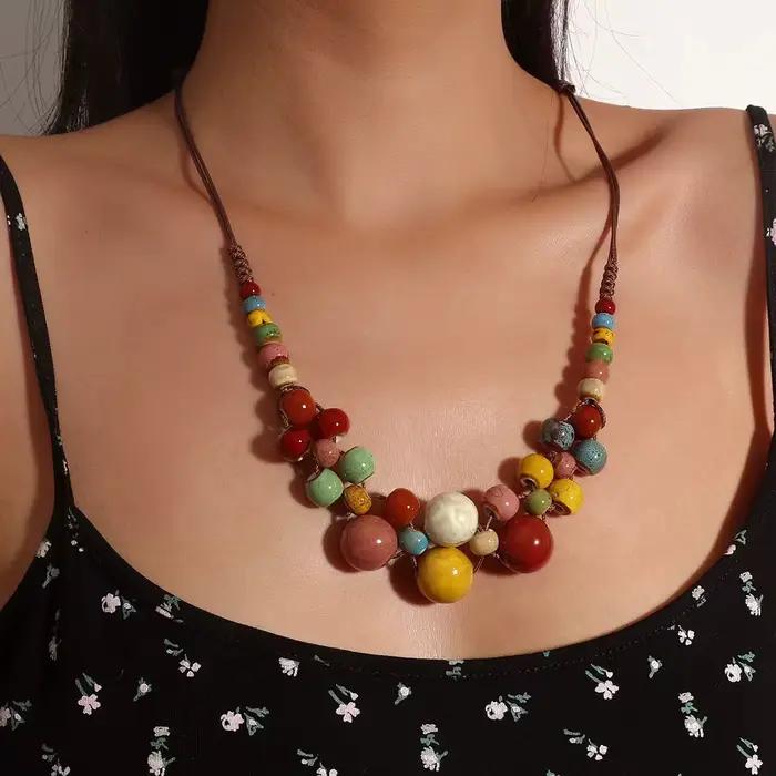 Collier en céramique coloré fait à la main, multicouche réglable, style Boho bohème, ras du cou, Sty