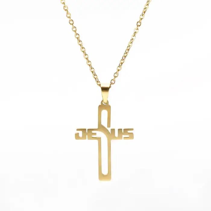 Collier croix plaqué or véritable pour hommes et femmes, bijoux en acier inoxydable, mode chrétienne