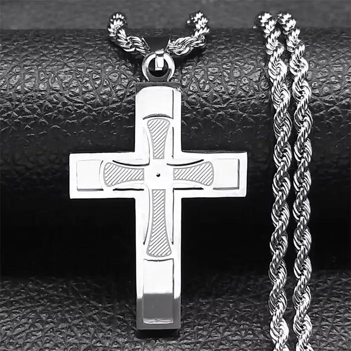 Collier en acier inoxydable avec grande croix de Jésus pour hommes et femmes, document doré, Hip Hop