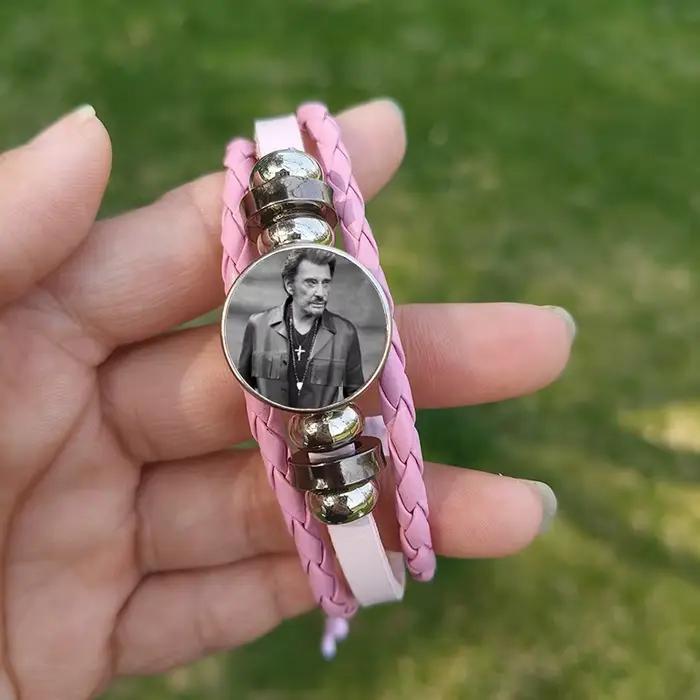 Bracelet Johnny Hallyday NouLité 2024 pour Homme, Affiche Rock Star, Bouton Verre, Rose, Bleu, Noir,