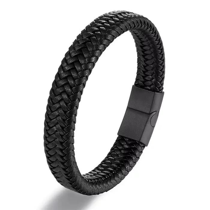 Bijoux classiques pour hommes, Bracelets en cuir véritable, corde noire en titane, fermoir magnétiqu