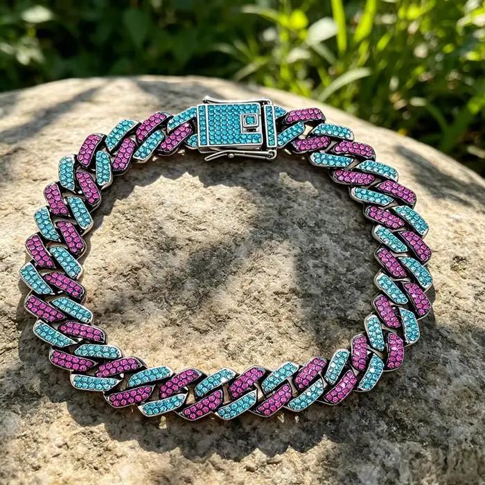 Collier cubain bicolore bleu aqua et violet foncé de 14 mm avec fermoir de sécurité en zircon, longu
