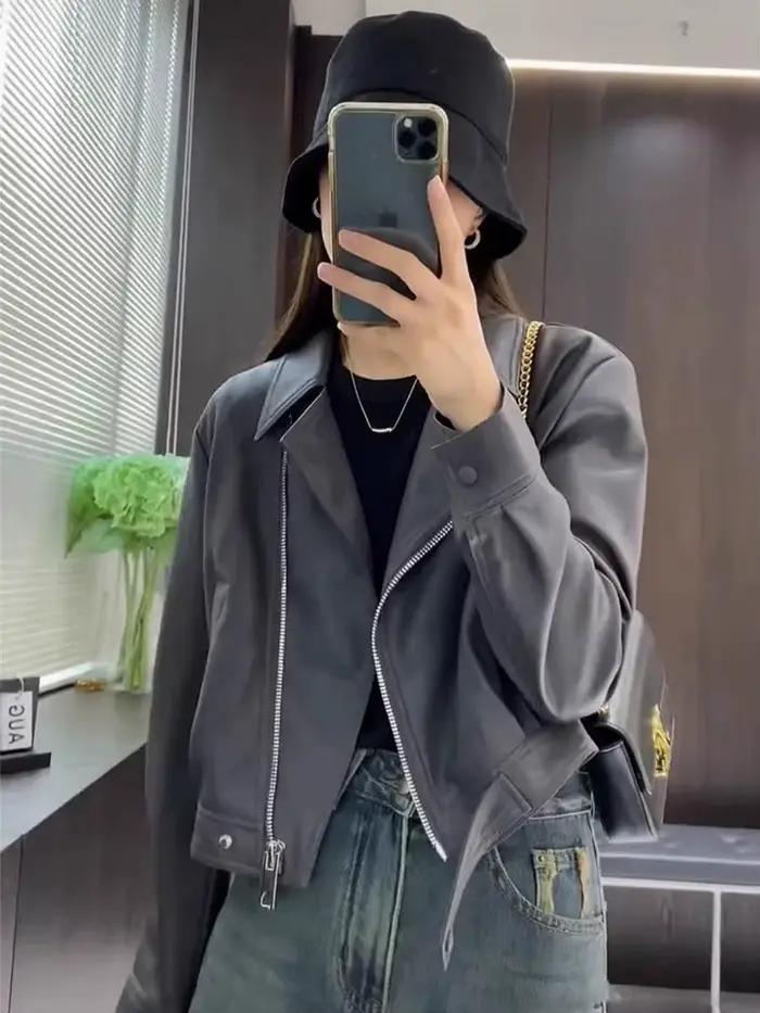 Veste en cuir européenne pour femmes, nouveau Style de printemps 2025, court à revers en cuir PU pou