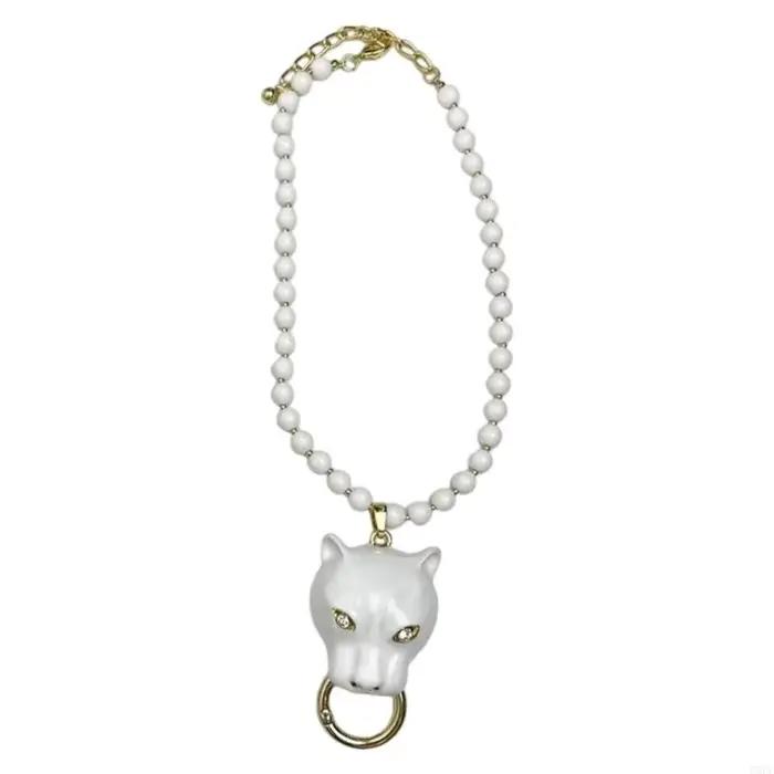 Collier en alliage de perles avec pendentif tête de léopard en émail, bijoux rétro tendance, chaîne 
