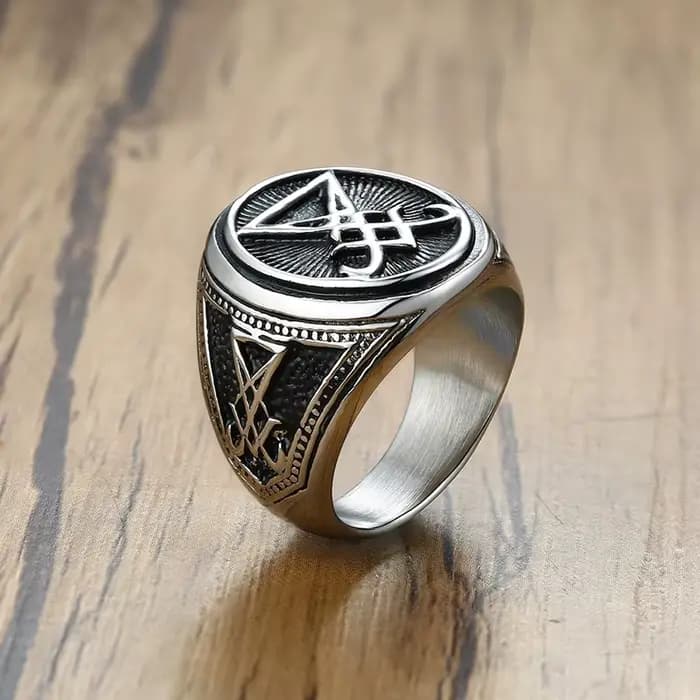 Bague chevalière Vintage couleur argent, Sigil de Lucifer pour hommes, sceau de Satan, bijoux mascul