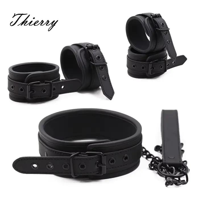Thierry – ensemble de poignets, manchettes et col de cou en cuir PU, produits SM, jouets sexuels de 