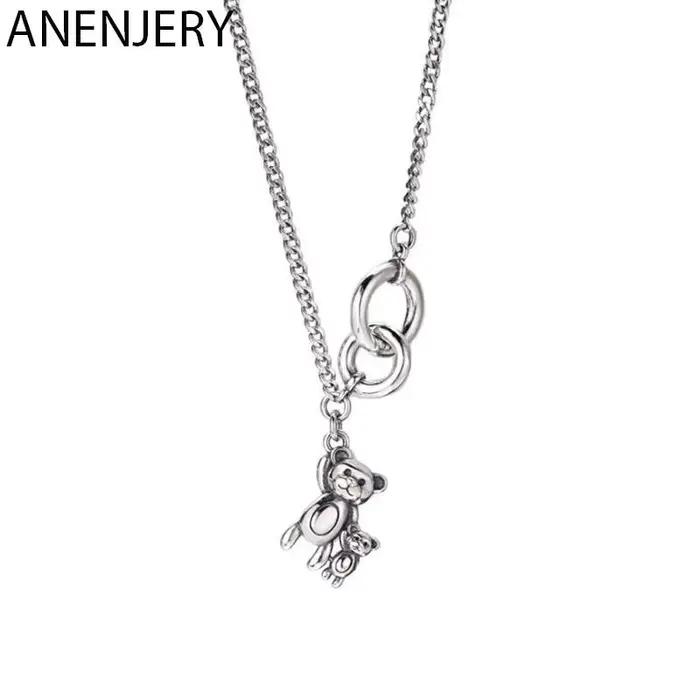 ANENJERY couleur argent Vintage Double cercle petit ours collier Animal Thai argent collier pour fem
