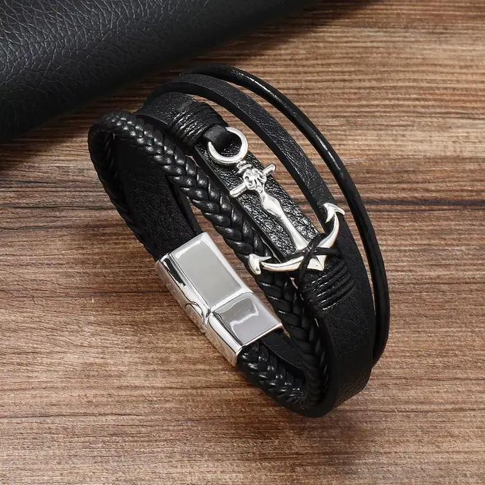 Bracelet en cuir pour hommes, ancre en alliage, Style Simple, boucle magnétique multicouche faite à 