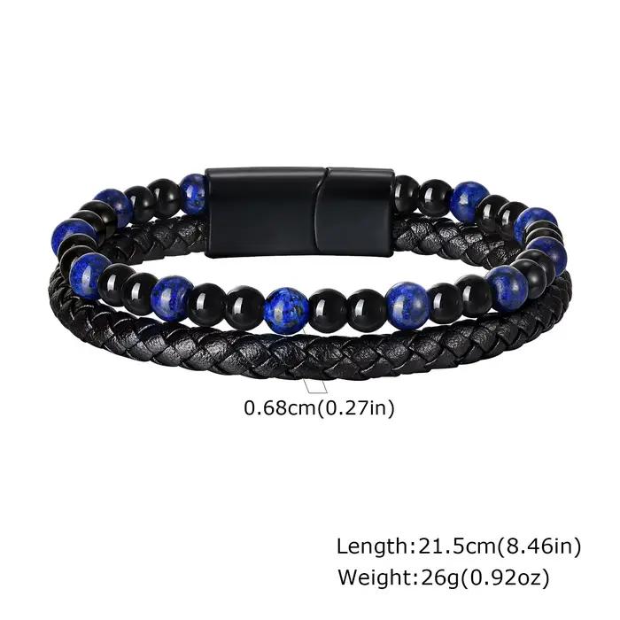 Bracelet en cuir élégant pour hommes et garçons, Bracelet de perles noires en pierre naturelle œil d
