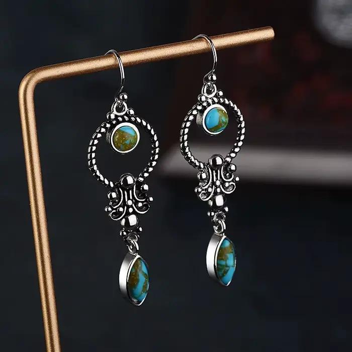 JoiasHome-Boucles d'Oreilles sulfTurquoise Incrustées pour Femme, Argent Sterling 925, Style Ethniqu