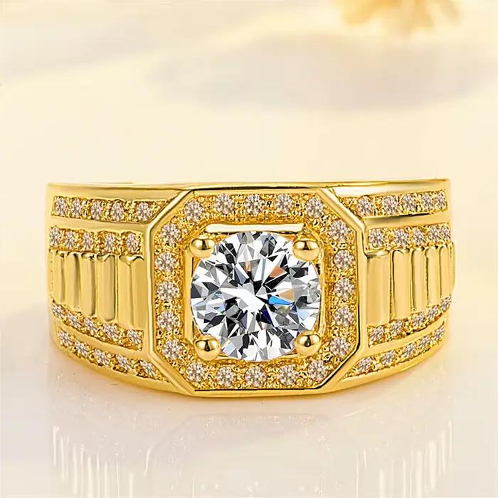 Bague de fiançailles pour homme en or véritable 18 carats, 100% or jaune massif, entièrement sertie 
