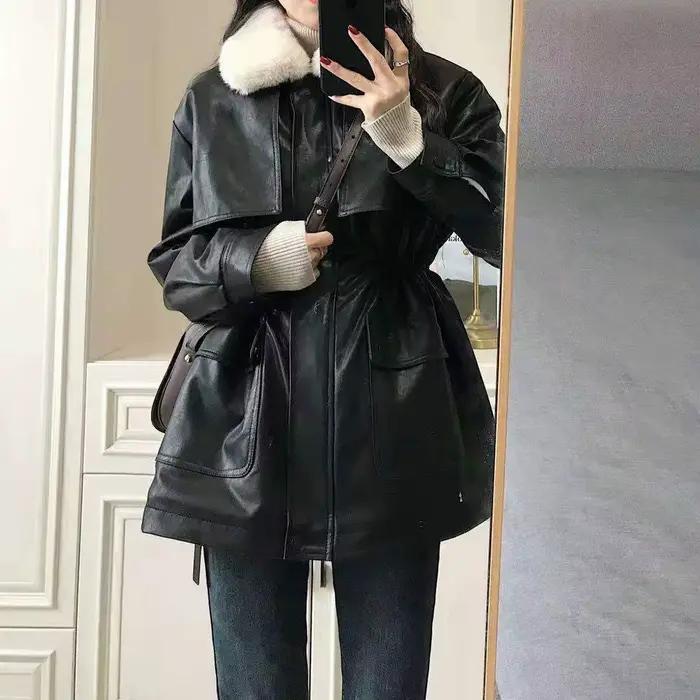 Veste en cuir noir pour femme, rétro, ample, petite taille, grande taille, polaire épaisse, veste de