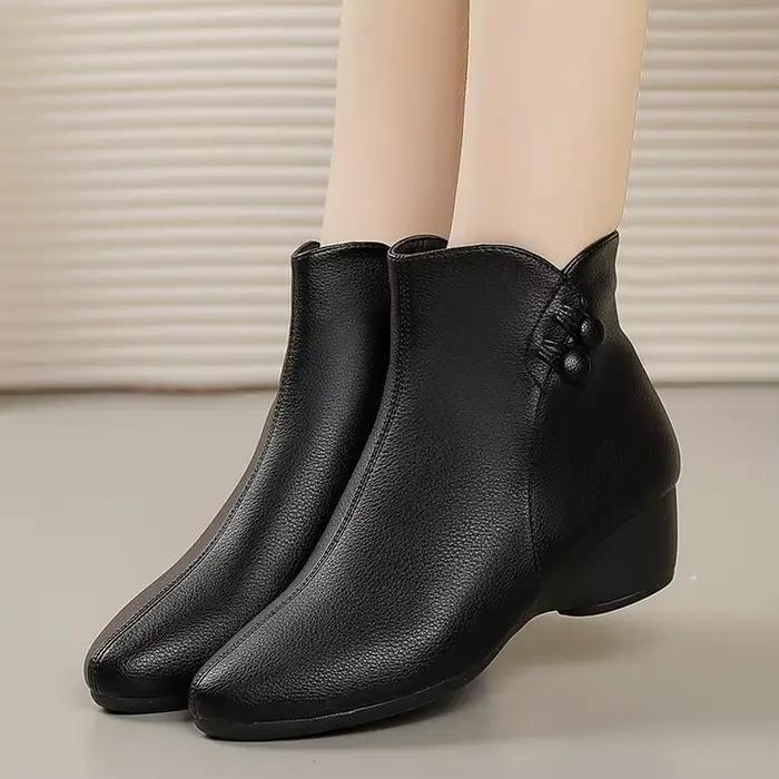 Nouvelles bottines en cuir pour femme 2026 - Bottines confortables à talon épais avec boutons décora