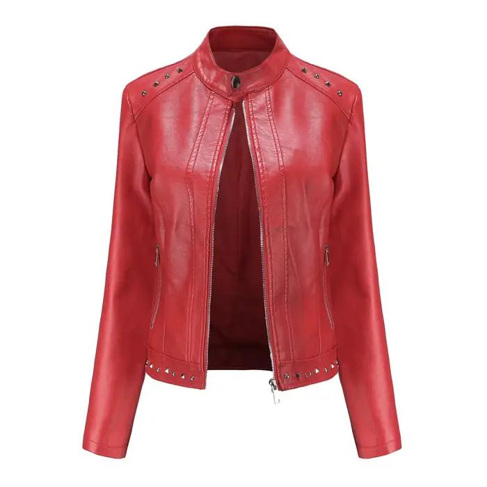 Femmes Faux PU Veste en cuir Casual Lady Revers Rivet Zipper Veste courte High Street Moto Biker Man