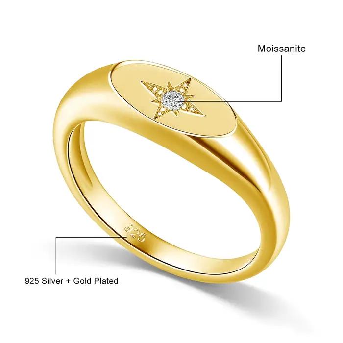 Bagues Chevalière en Or Rempli 14K pour Hommes et Femmes, Bague Moissanite Étoilée Polie Miroir, Éta