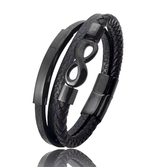 Nouveau Bracelet infini à 8 symboles pour hommes, multicouches en cuir noir avec breloque magnétique