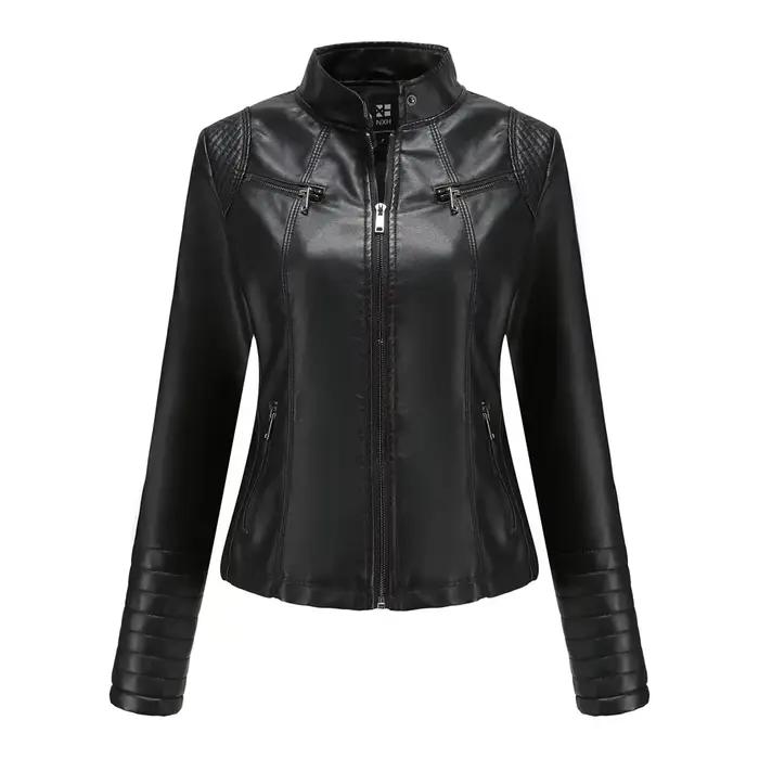 Manteau en Faux cuir pour femmes, manteaux en Pu, veste fine, manches longues, col montant, coupe ci