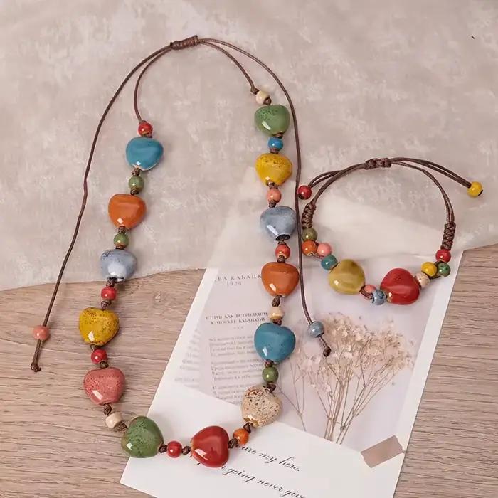 2 pièces, un collier et un bracelet, collier Dopamine en céramique, artisanat, collier en céramique, perles colorées faites à la main, réglable