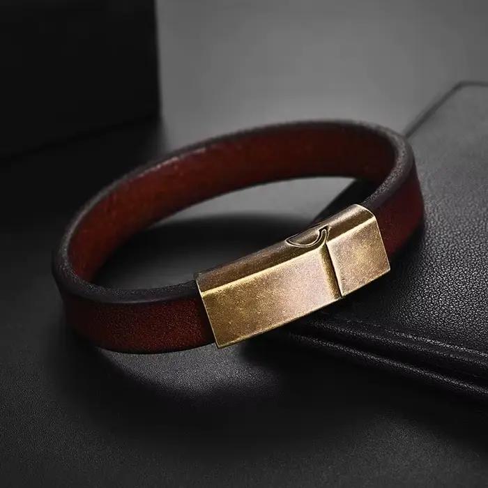 Bracelet en cuir tressé marron Punk pour hommes et femmes, fermoir magnétique en acier inoxydable, à la mode, 18.5/20.5/22.5cm, bijoux cadeaux