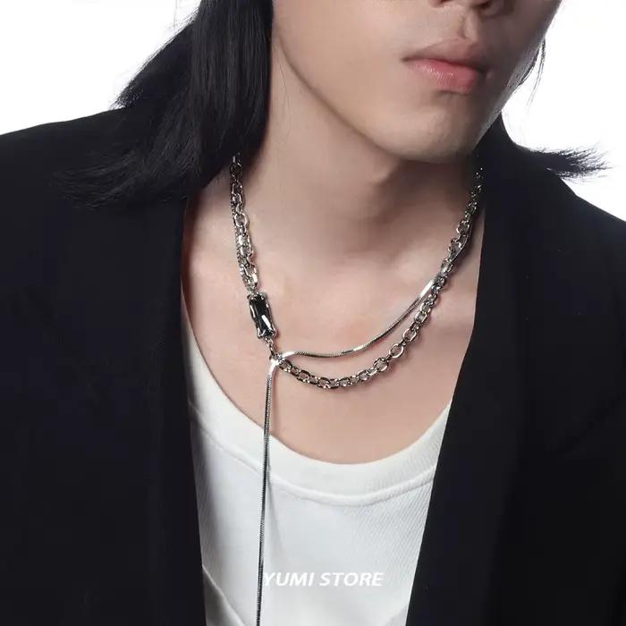 Collier à pampilles carrées à double couche pour hommes, clavicule en acier au titane, bijoux de conception coréenne, accessoires K-pop, vente en gros