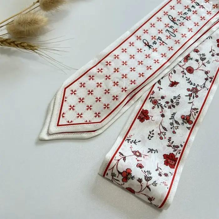 Écharpe en ruban de soie satiné polyvalente, tendance, longue, fine, étroite, cravate pour cheveux, accessoire de mode florale fraîche pour femmes
