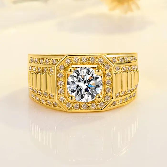 Bague de fiançailles pour homme en or véritable 18 carats, 100% or jaune massif, entièrement sertie de diamants, cadeau luxueux pour homme d'affaires, mari