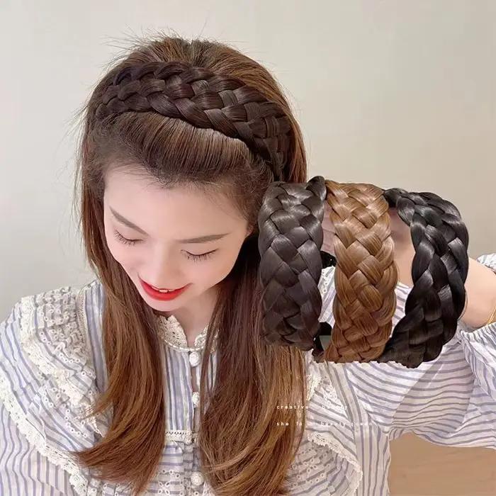Femmes torsion tresse bandeaux 4.5 cm largeur mode large synthétique perruque bandeaux élastique réglable bohème coiffure postiches