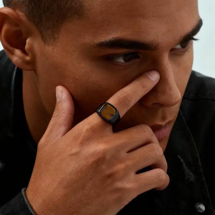 Bague signet en pierre œil de tigre pour homme