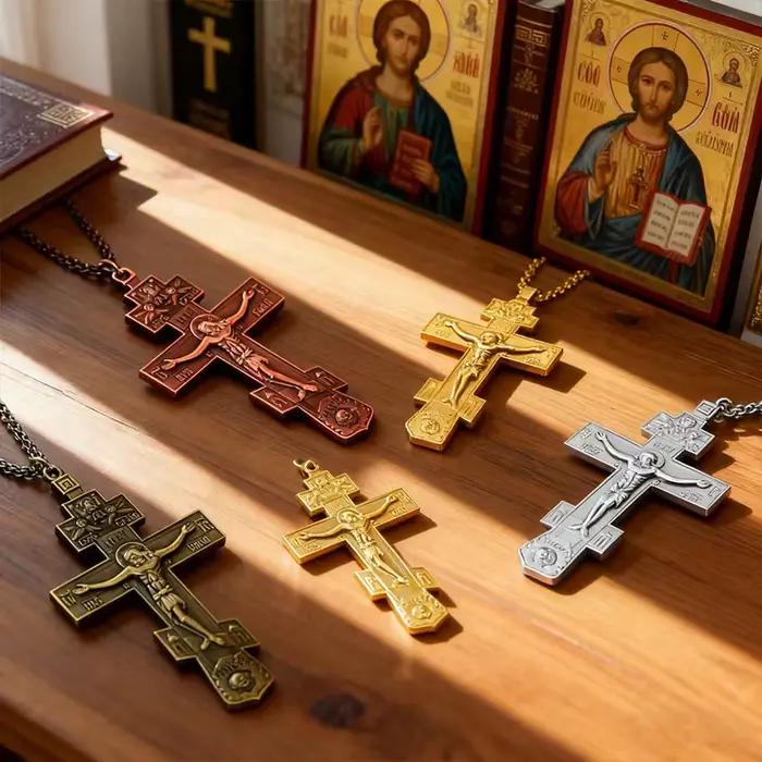 Collier croix orthodoxe à trois branches plaqué or avec crucifix gravé bijou chrétien traditionnel pour homme femme occasions spéciales