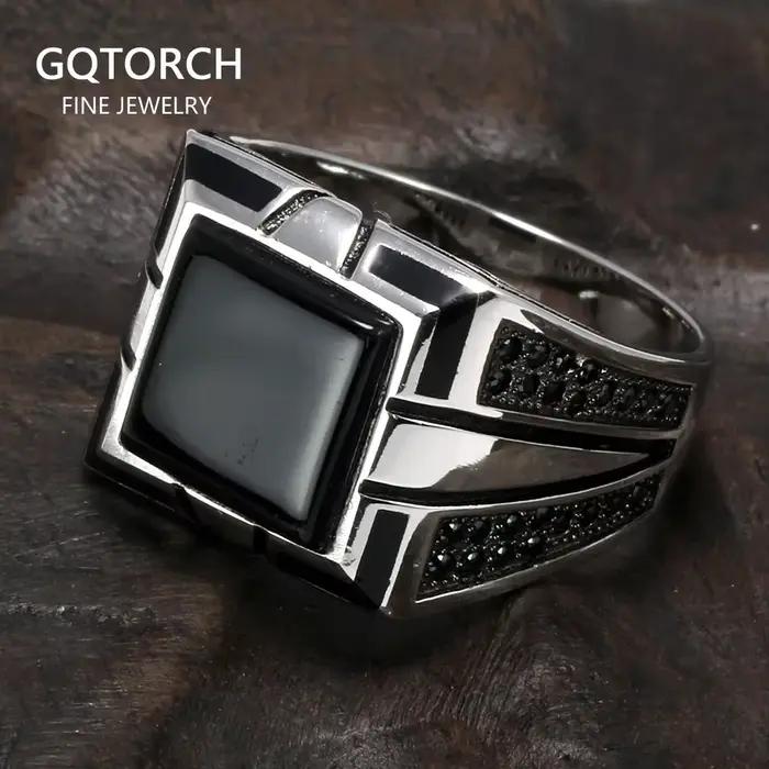 Bagues vintage en argent 925 pour hommes, bague en agate, matiques de couleur de charbon, bague de bijoux turcs, rétro cool, grand, garanti