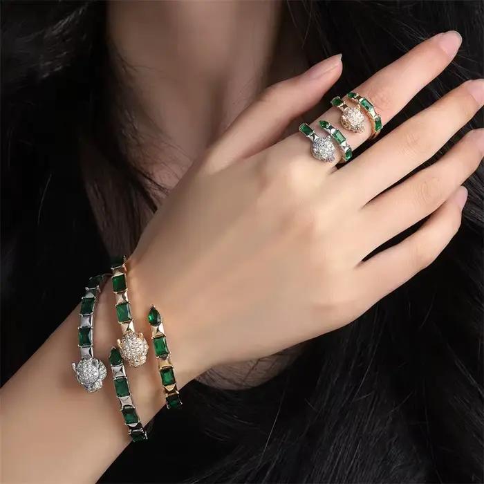 Ensemble de bagues et Bracelet léopard de luxe, pavé de Zircons 5A, panthère en cristal, ouvert, à la mode, vêtements de fête pour femmes, ensemble de bijoux