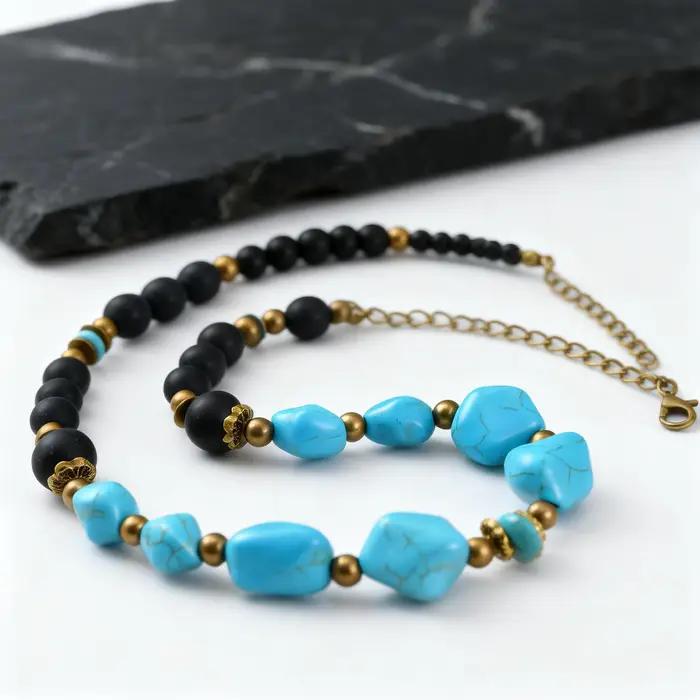 Collier vintage en perles turquoise pour hommes et garçons, colliers ethniques en pierres naturelles irrégulières, bijoux bohèmes d'été, cadeau